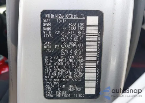 2015 Nissan Juke Sv z USA, uszkodzony, nr VIN JN8AF5MR1FT502231